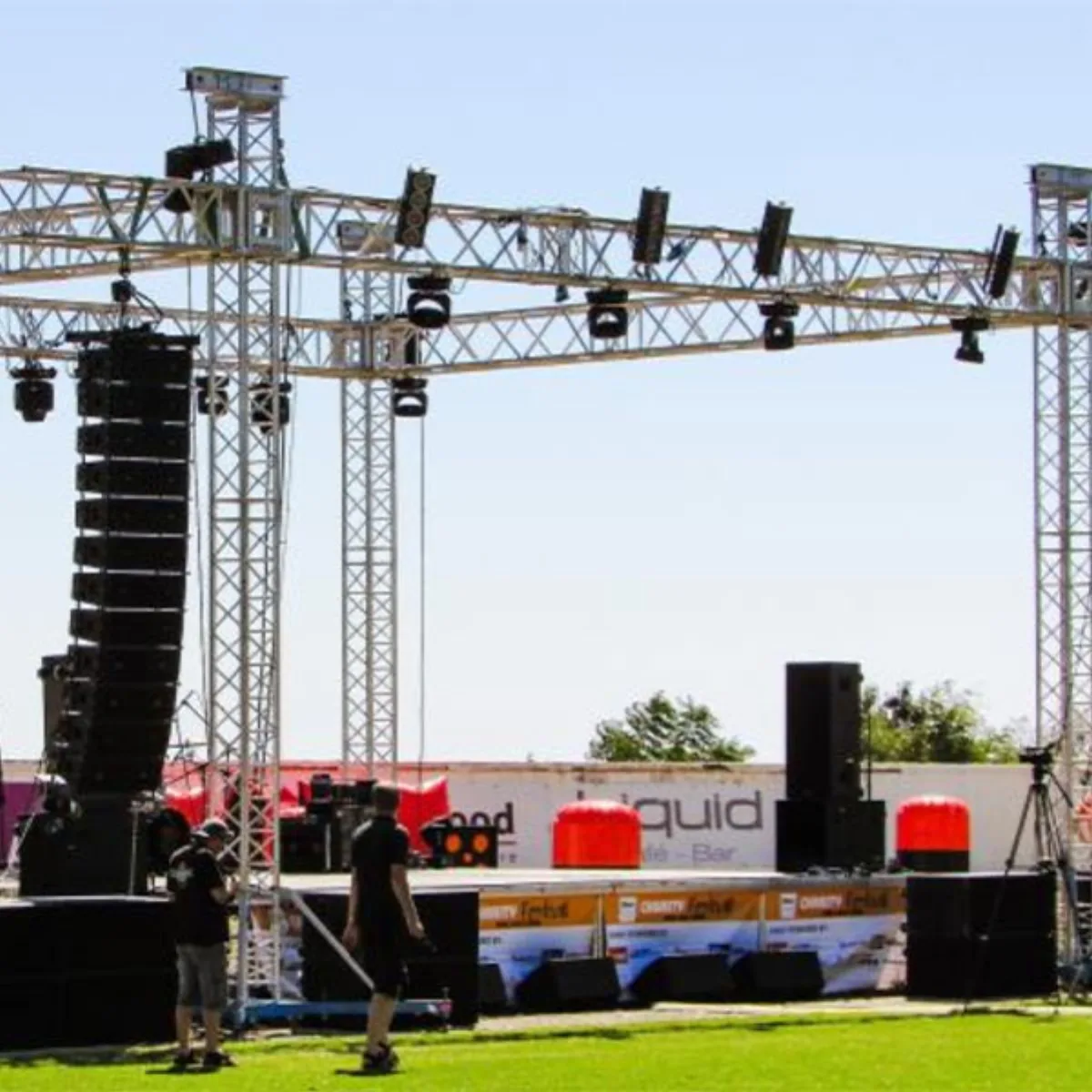 Outdoor audio and lighting truss prepared for an event