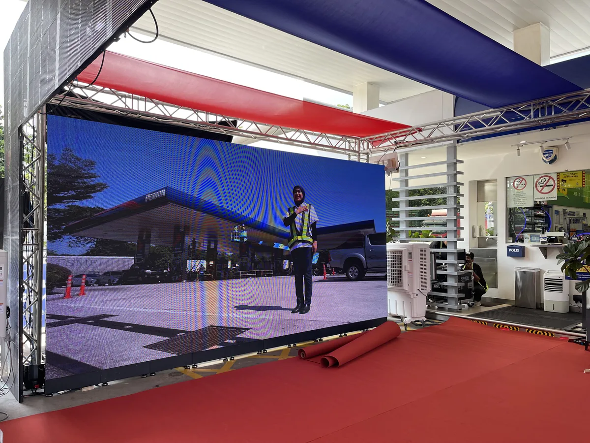 Outdoor LED wall on a truss frame under a canopy